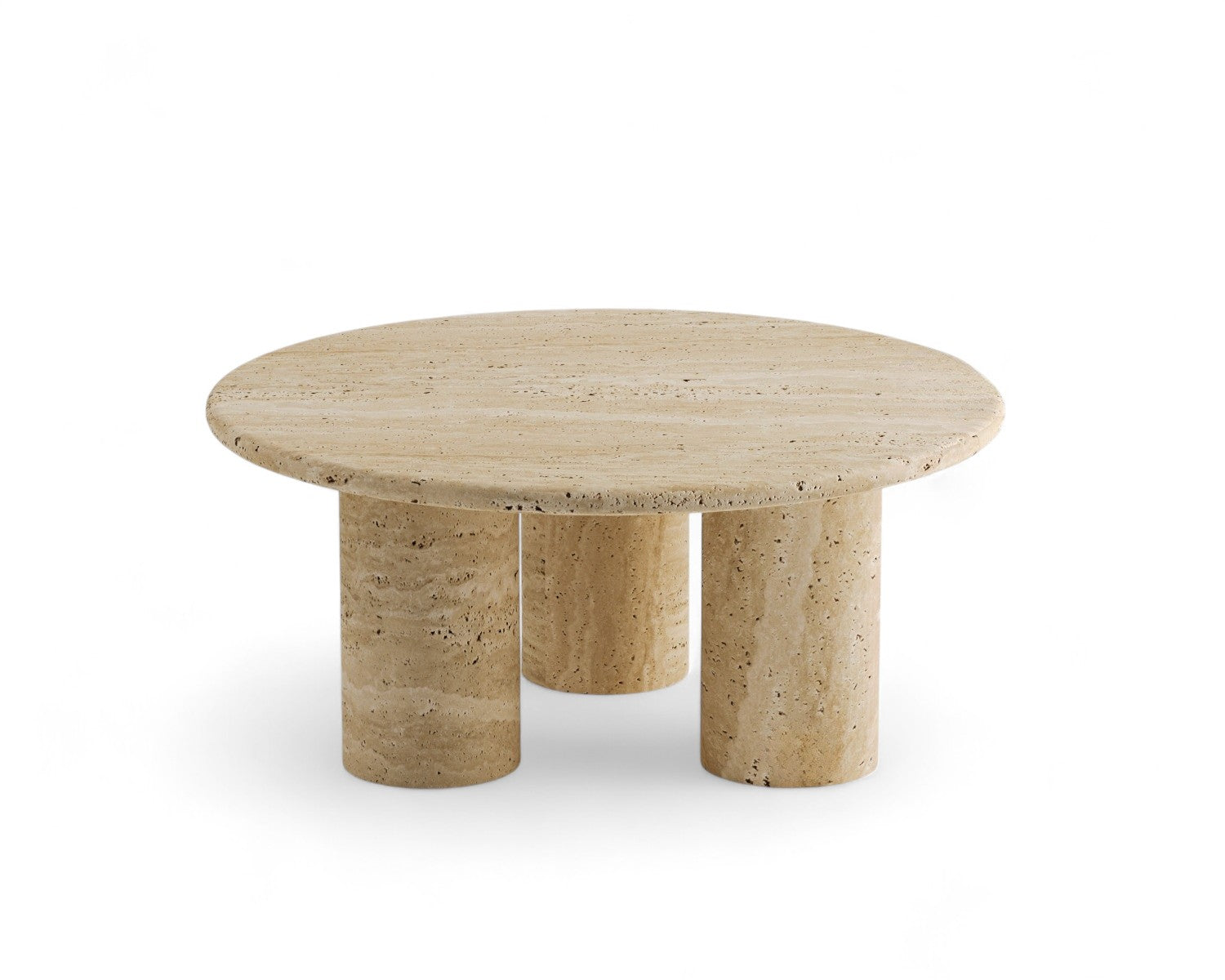 Round travertine coffee table with three cylindrical legs