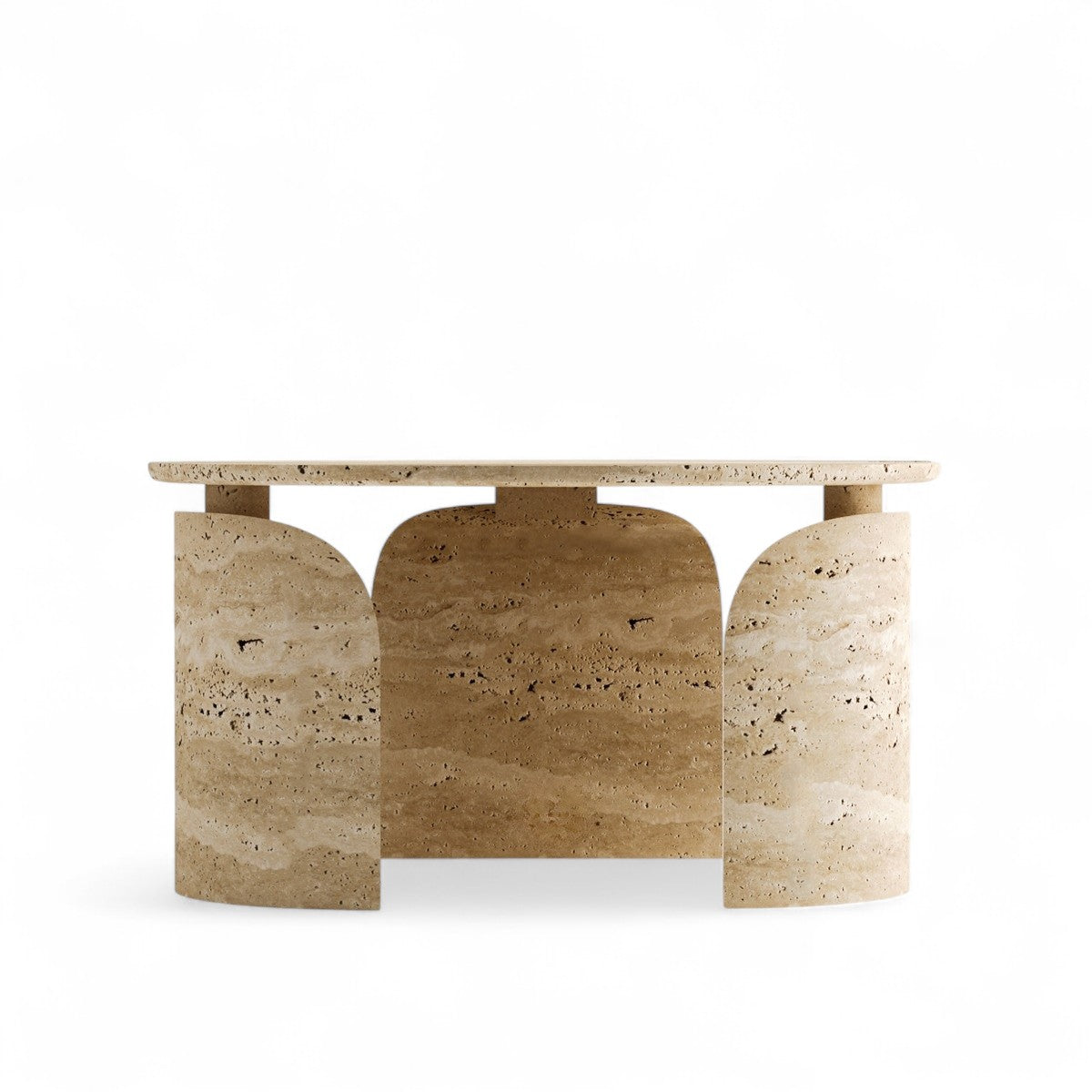 Studio shot of travertine coffee table with arched base design