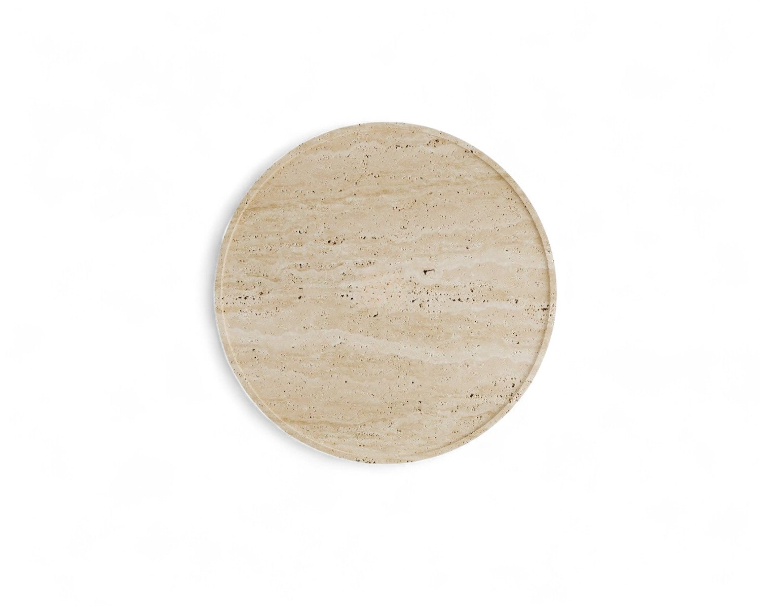 Overhead view round beige travertine stone tray on white background