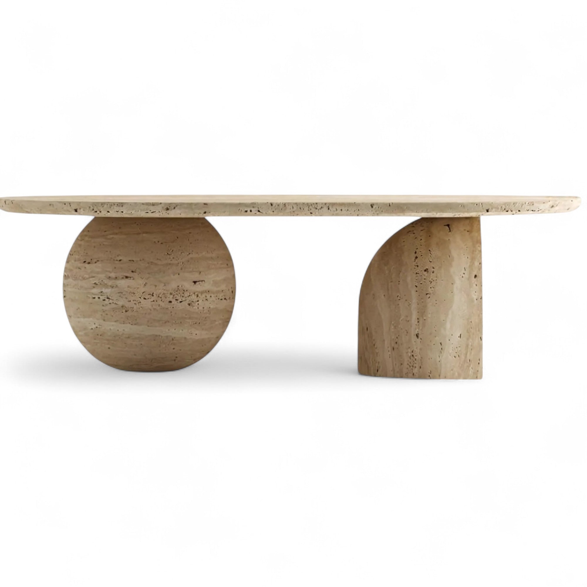 Travertine coffee table with round and half-round bases
