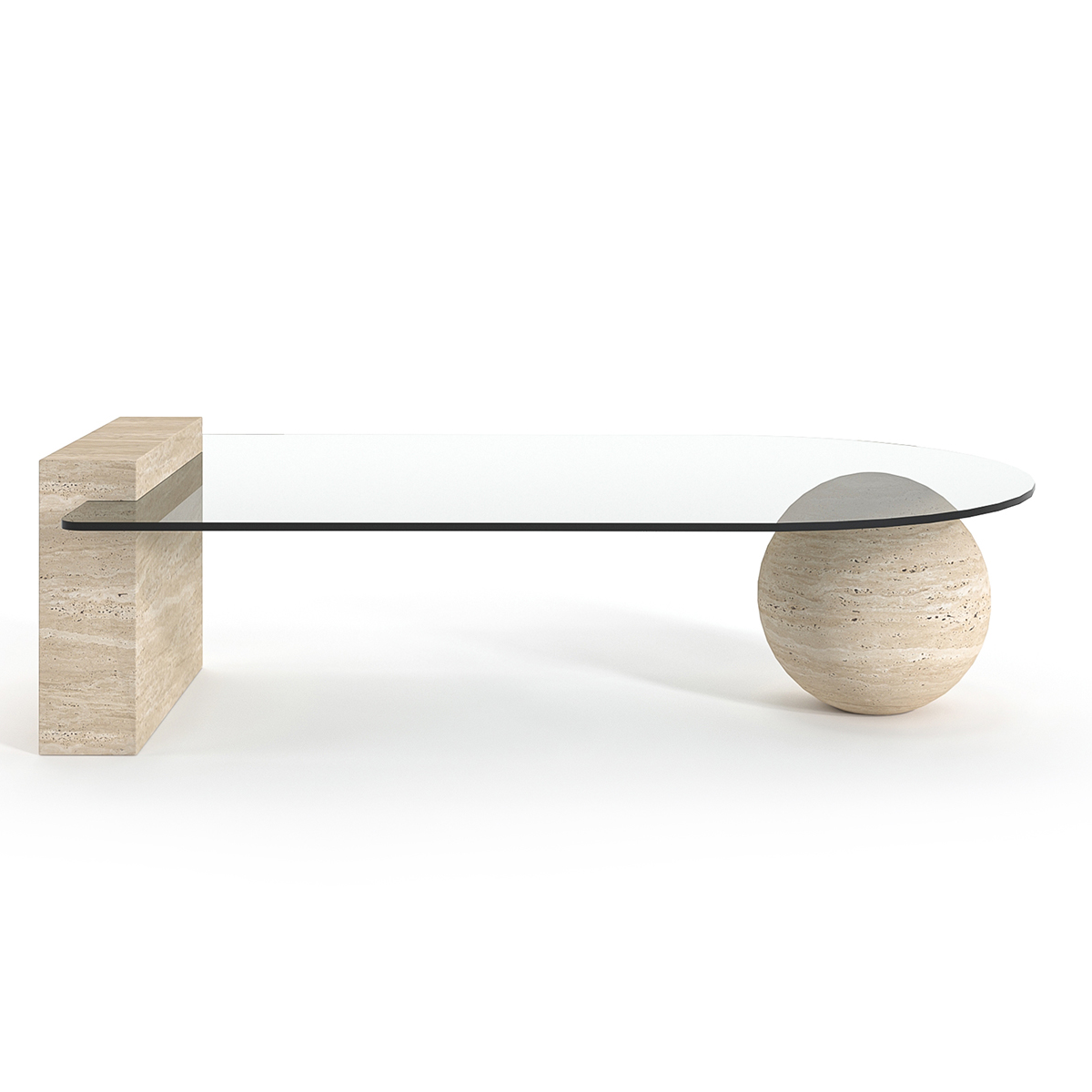 Modern Luzione coffee table with glass top, travertine block and sphere base. Contemporary design for stylish living rooms.