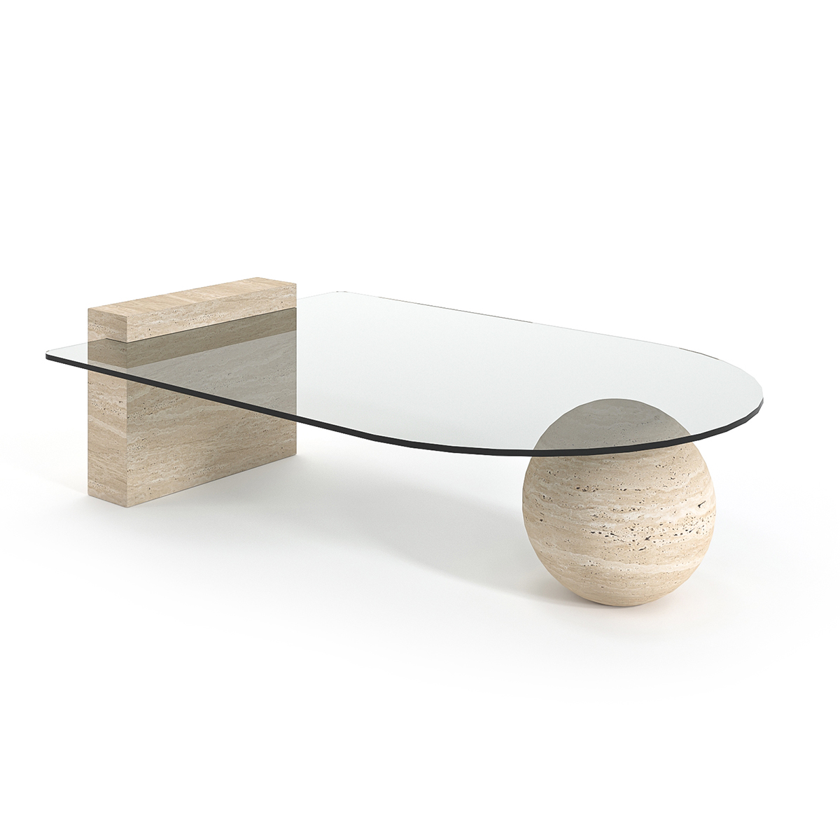 Luzione coffee table with a glass top and travertine base featuring a round sphere and rectangular block for a minimalist, contemporary design