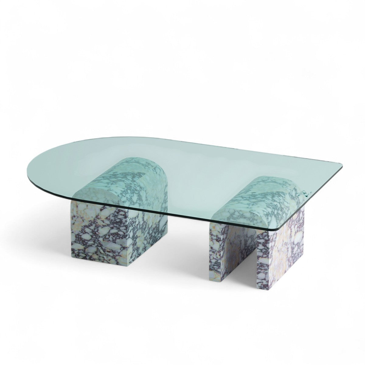 Glass top coffee table with marble base supports