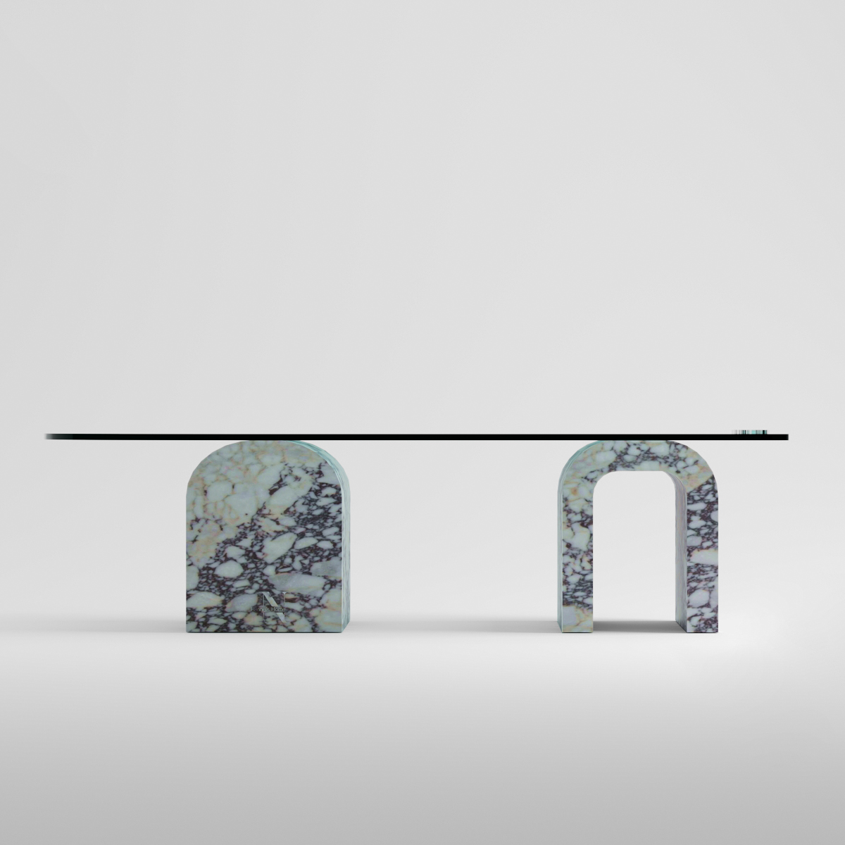 Studio shot of console table with marble arch bases and glass top. Console table, marble, glass, arch base, furniture, interior design, home decor, modern.