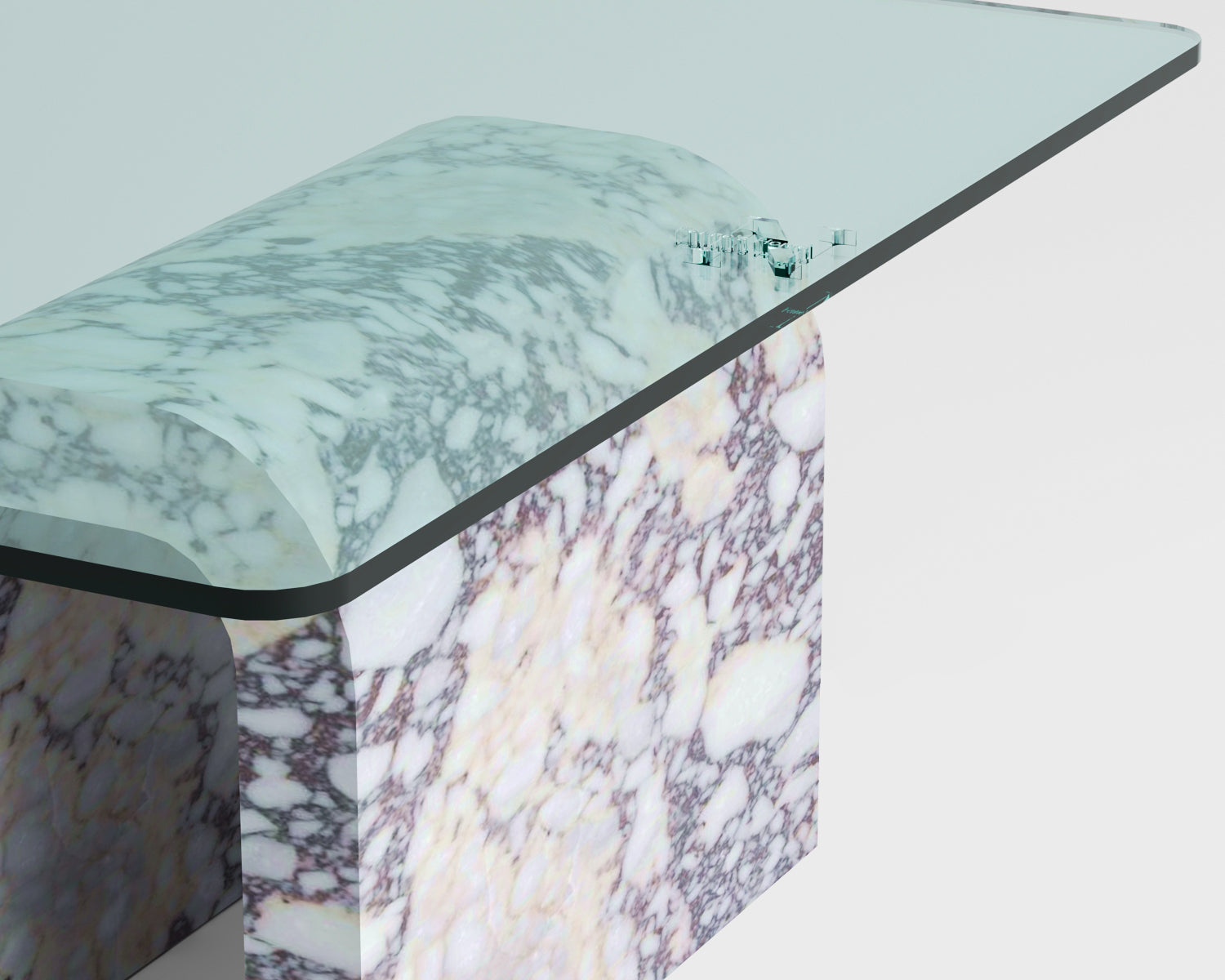 Close up view of marble and glass console table in studio setting, contemporary furniture, interior design, marble console table, glass top, modern console table, luxury furniture, entryway table, living room furniture, white marble, purple veining, clear glass, minimalist design, home decor, furniture design, stone furniture, sleek design, high-end furniture, console table.