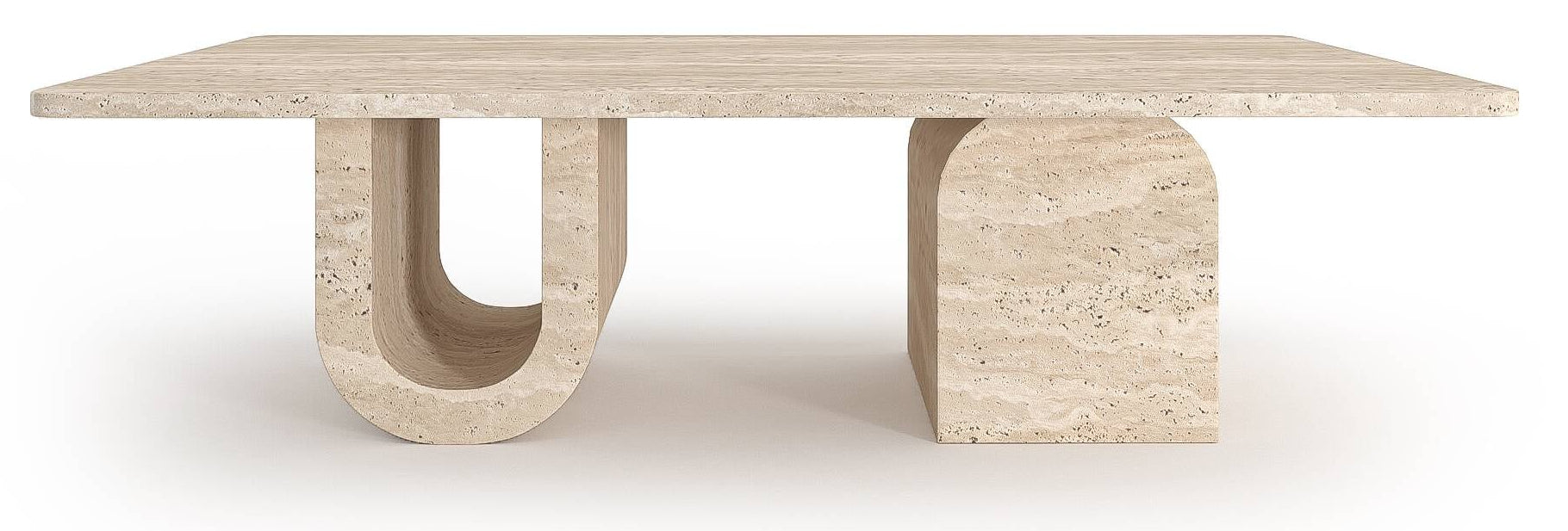 Luzione Travertine Coffee Table: A modern, square coffee table with U-shaped legs. Natural stone furniture adds a unique, minimalist design to any living room.