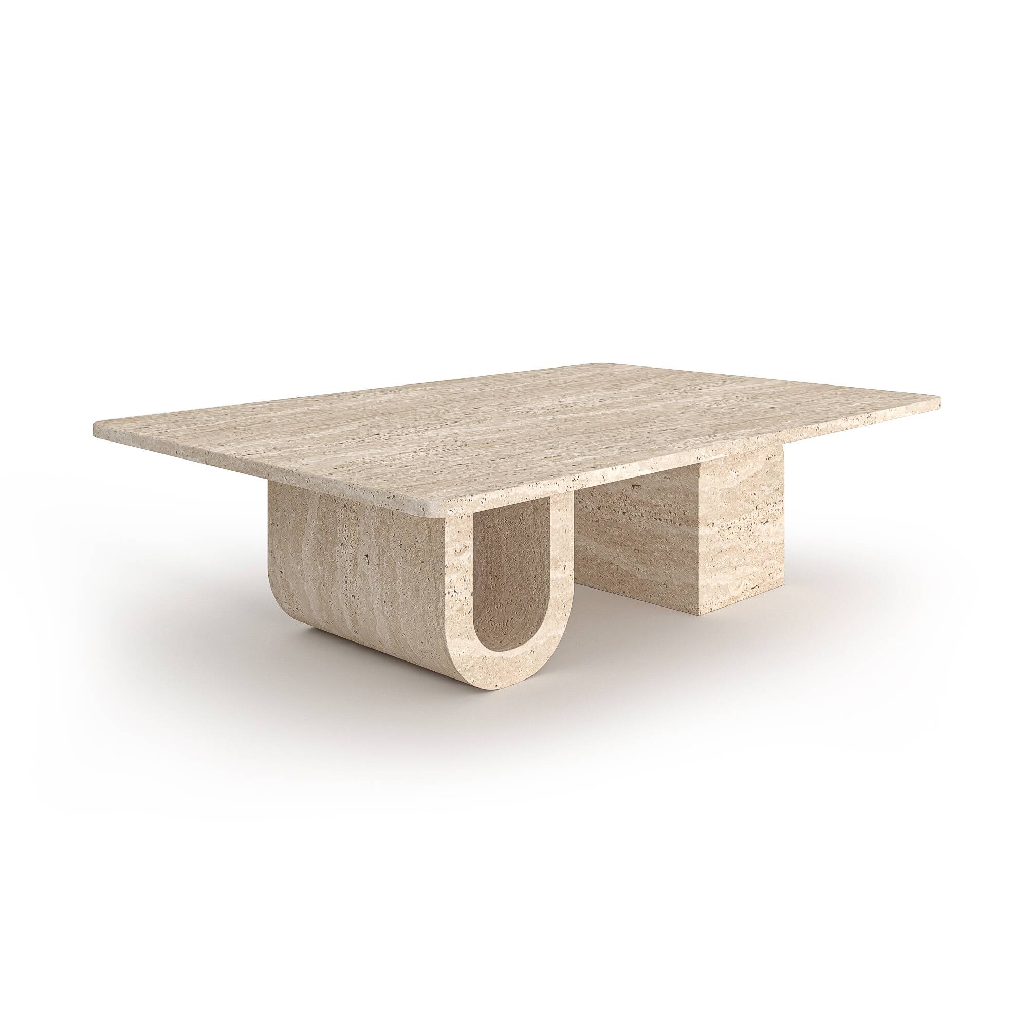 Luzione travertine coffee table with U-shaped legs, isolated on white. A modern stone furniture piece for a luxurious living room.