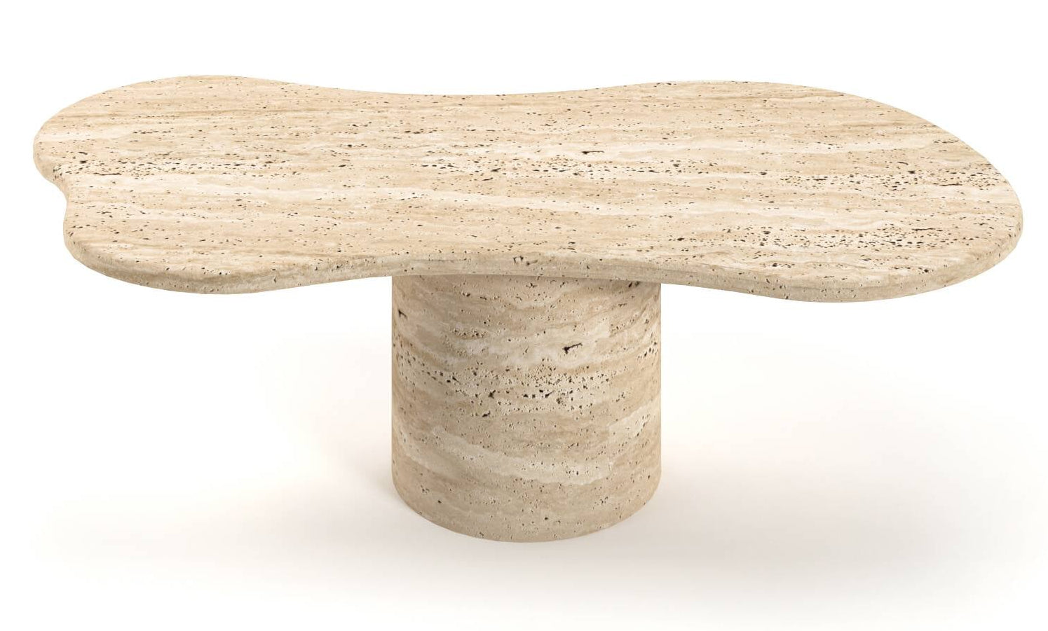 Luzione travertine coffee table with a unique, freeform tabletop and cylindrical base showcasing natural stone texture