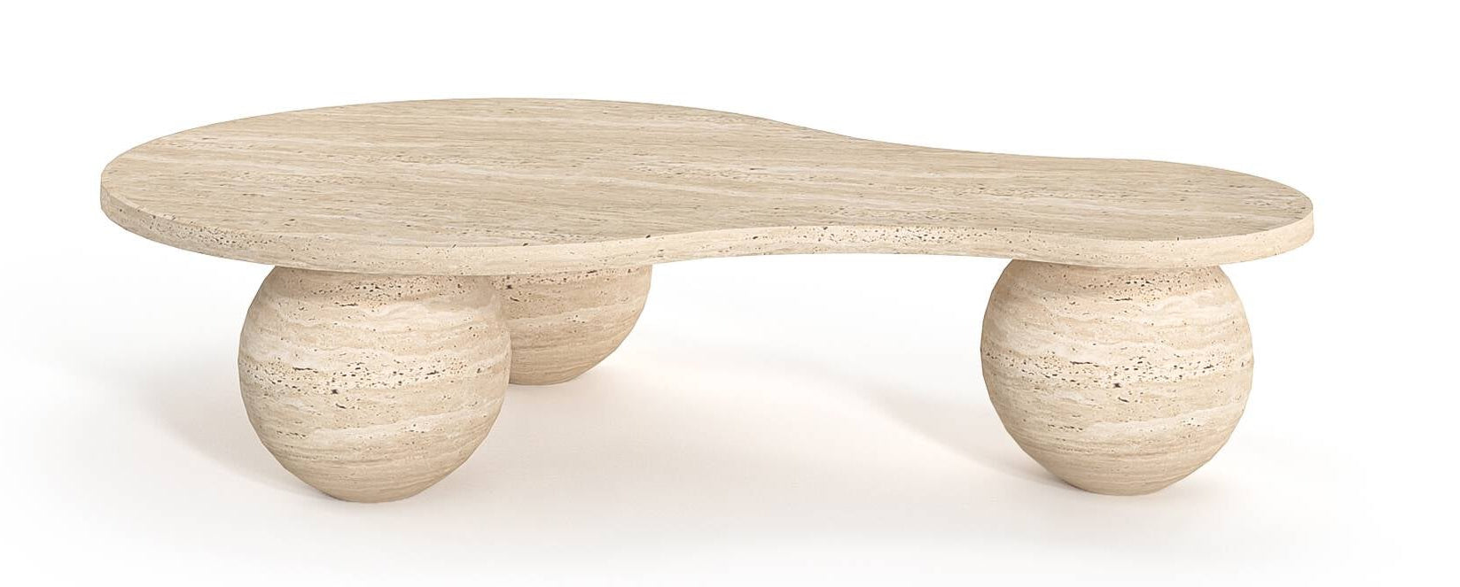 Modern Luzione travertine coffee table featuring a uniquely shaped top and spherical legs, perfect for a contemporary living room