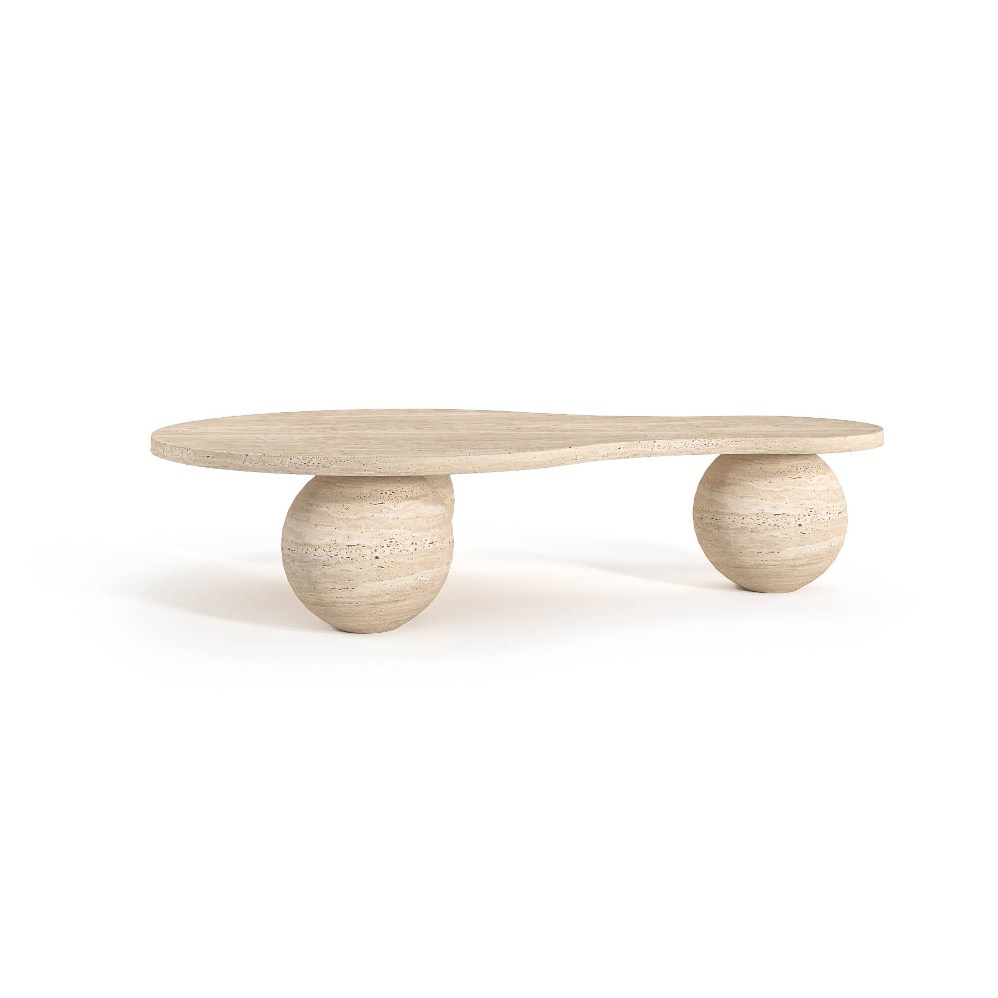 Luzione travertine coffee table with elongated oval top and spherical legs. A modern, unique stone table for contemporary living spaces
