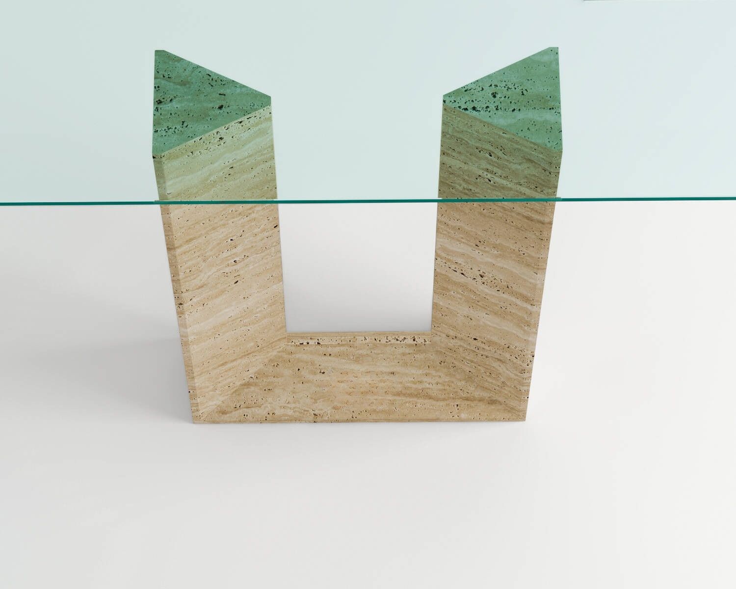 Modern Luzione Livia console table with a clear glass top and unique travertine base, perfect for a contemporary living space
