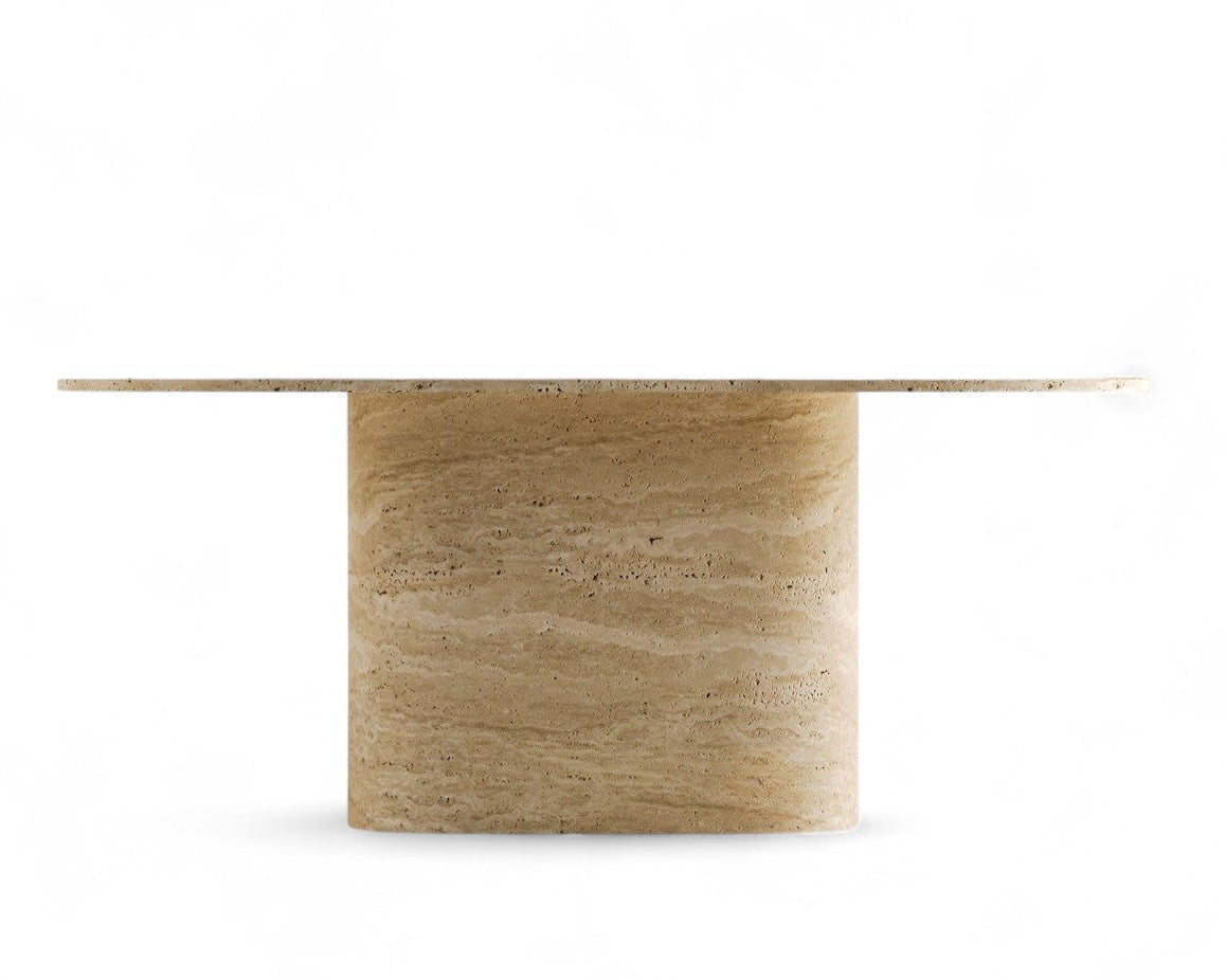 Travertine stone table with cylindrical base and rectangular top