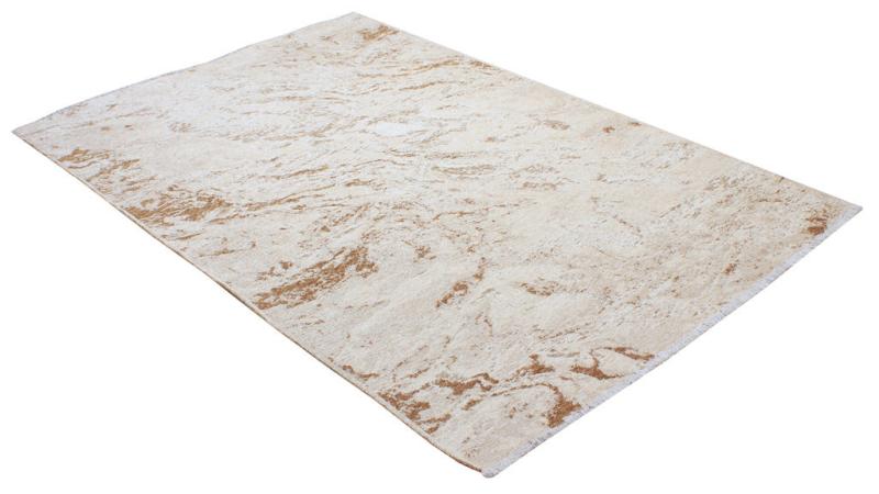 Rectangular rug with abstract beige and brown pattern on white background