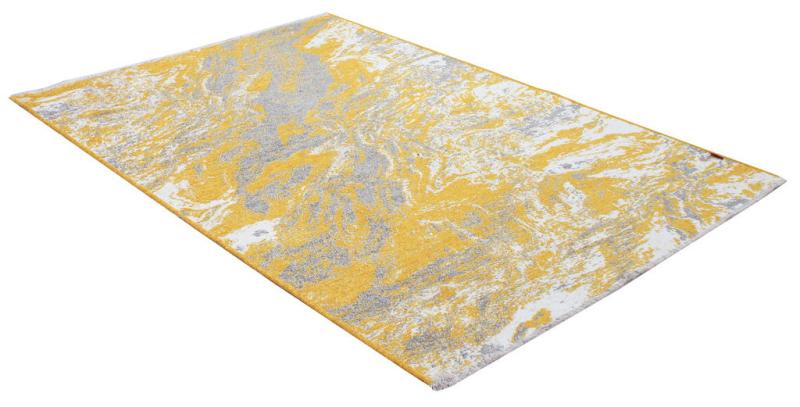 Yellow gray abstract pattern area rug on white background