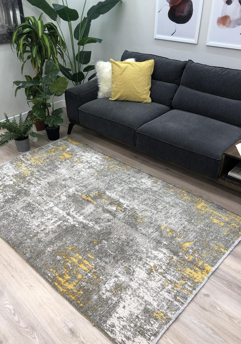Living room view with gray abstract rug, dark gray sofa, plants, wall art