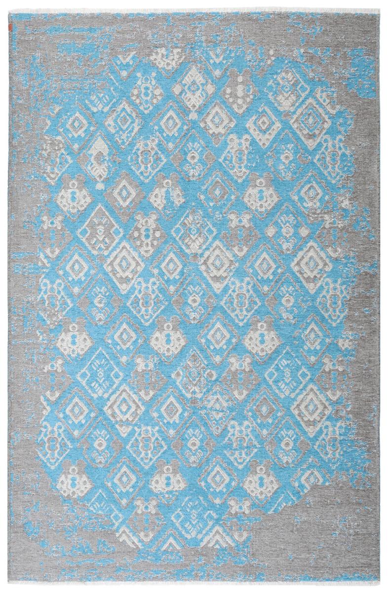 Overhead view of gray and blue patterned area rug with distressed look. 