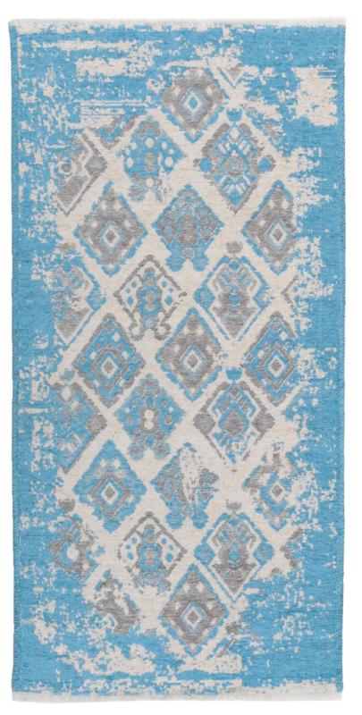 Overhead view of blue and gray distressed patterned rug