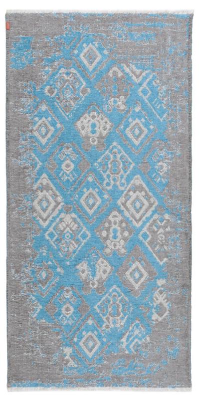 Gray and blue patterned area rug with distressed look