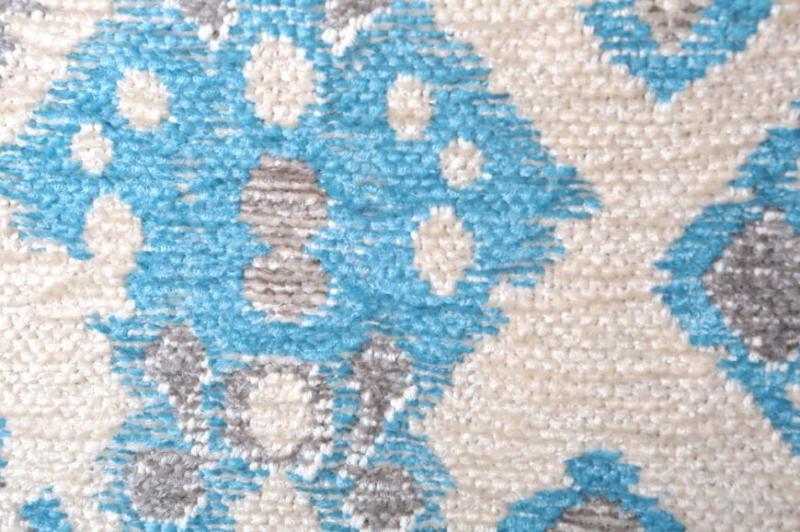 Close up view of rug with blue gray white pattern