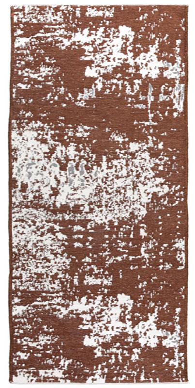 Brown and white abstract pattern runner rug on white background.