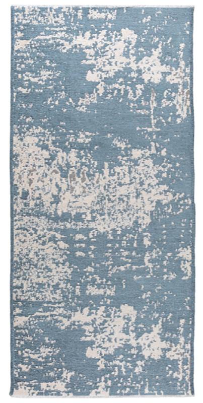 Overhead view of blue and white abstract runner rug