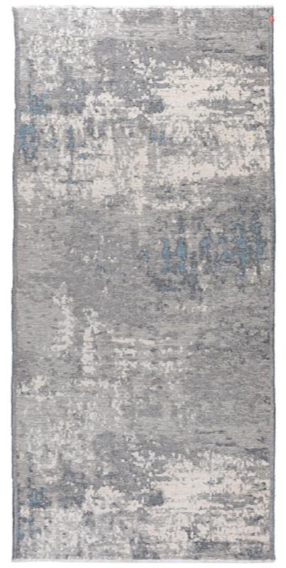 Gray abstract runner rug with distressed blue and white accents
