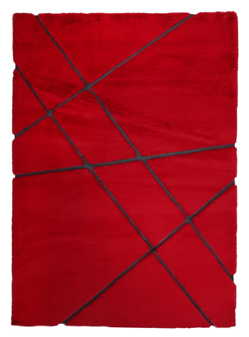 Front view of Rabbit Fur Rug in bold red and black colors, serving as a striking statement piece in a contemporary living room.