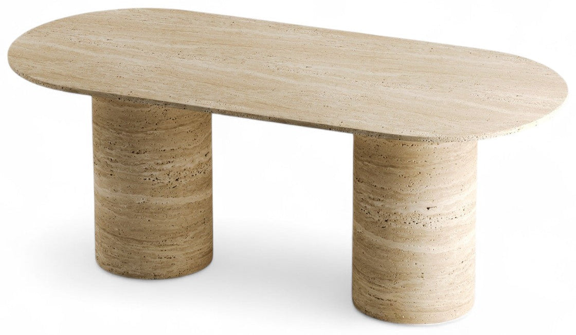 Oval travertine coffee table with two cylindrical bases.