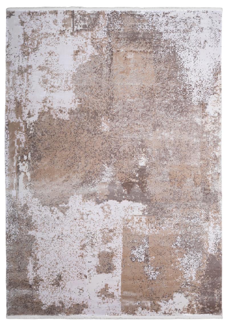 View of abstract area rug with white and brown tones. 