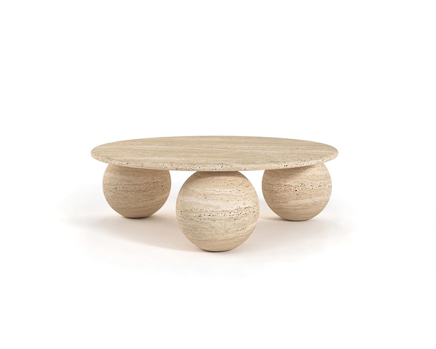 Travertine coffee table with round top and three sphere bases