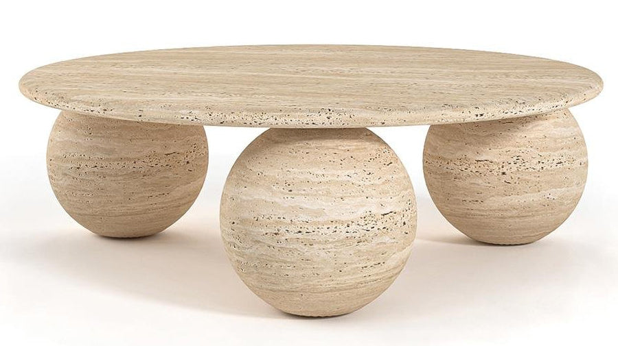 Travertine coffee table with round top and three sphere bases