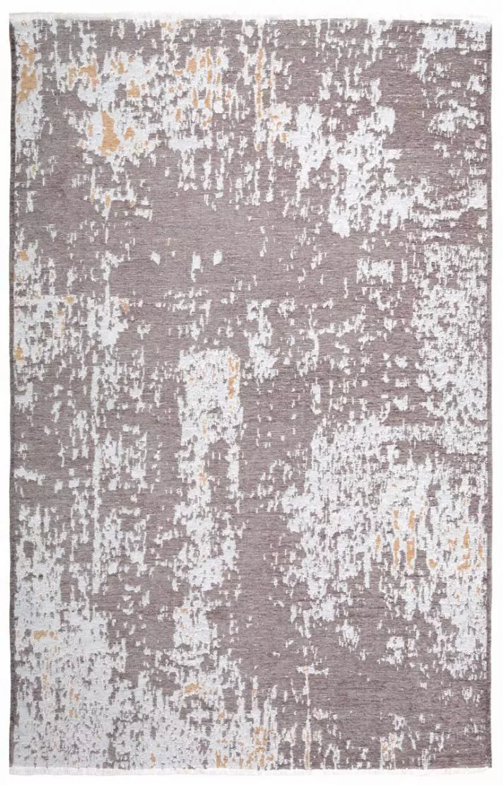 Full view of abstract gray white gold area rug