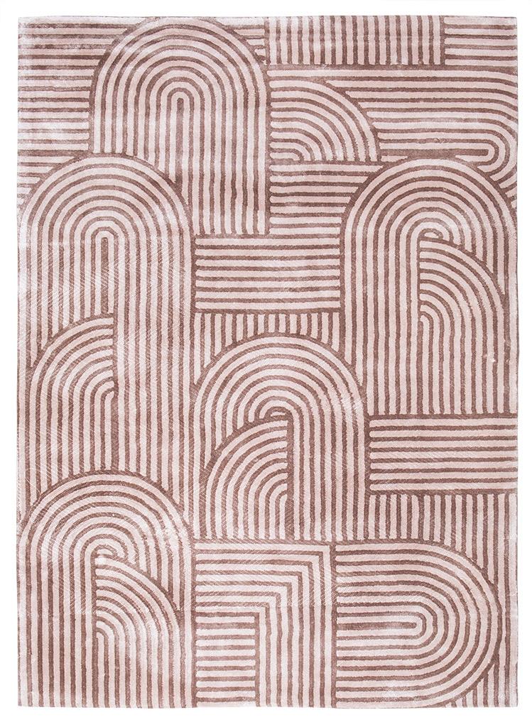 Close-up of the Luzione 906 Trace Tufted Rug, a modern geometric patterned rug with arches and stripes in brown tones, perfect for home decor