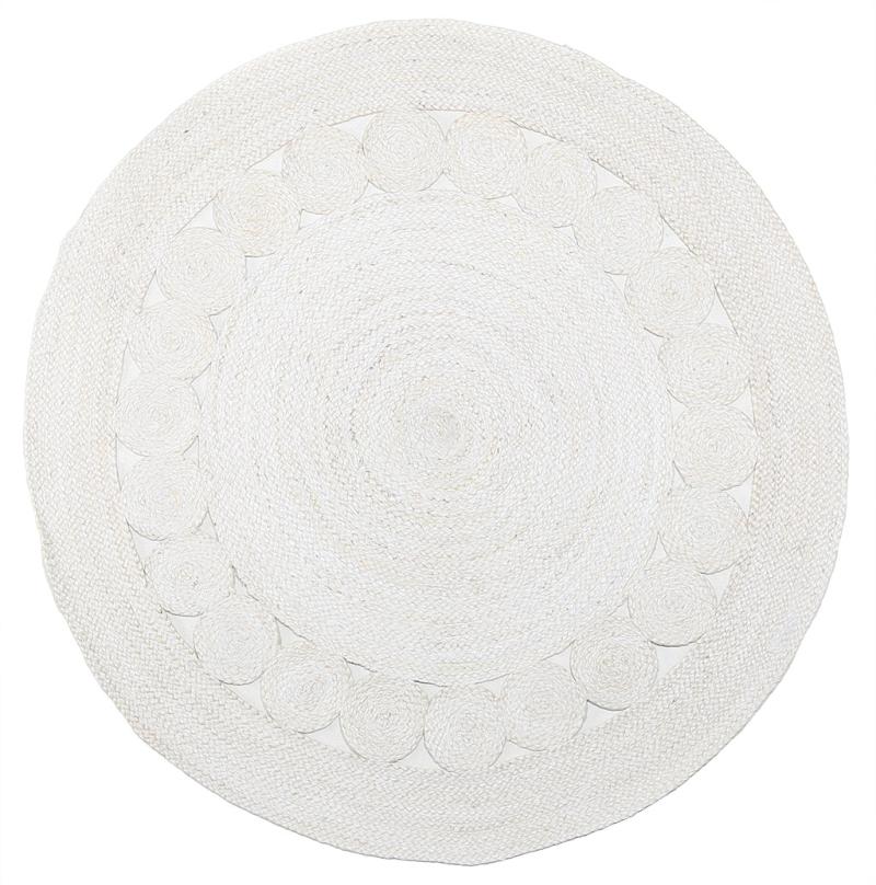White braided round jute rug with circular border pattern