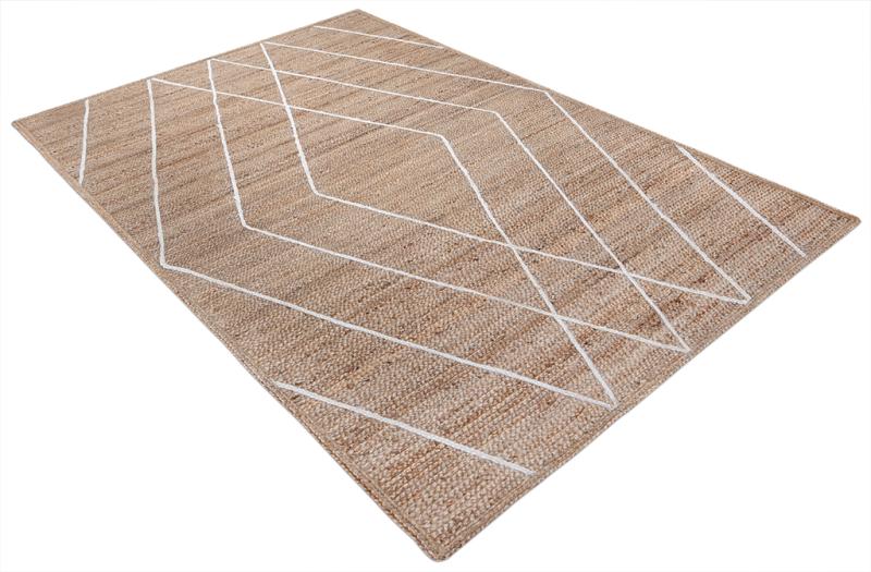 Natural fiber rug with white geometric pattern on white background. Jute rug with white diamond pattern.