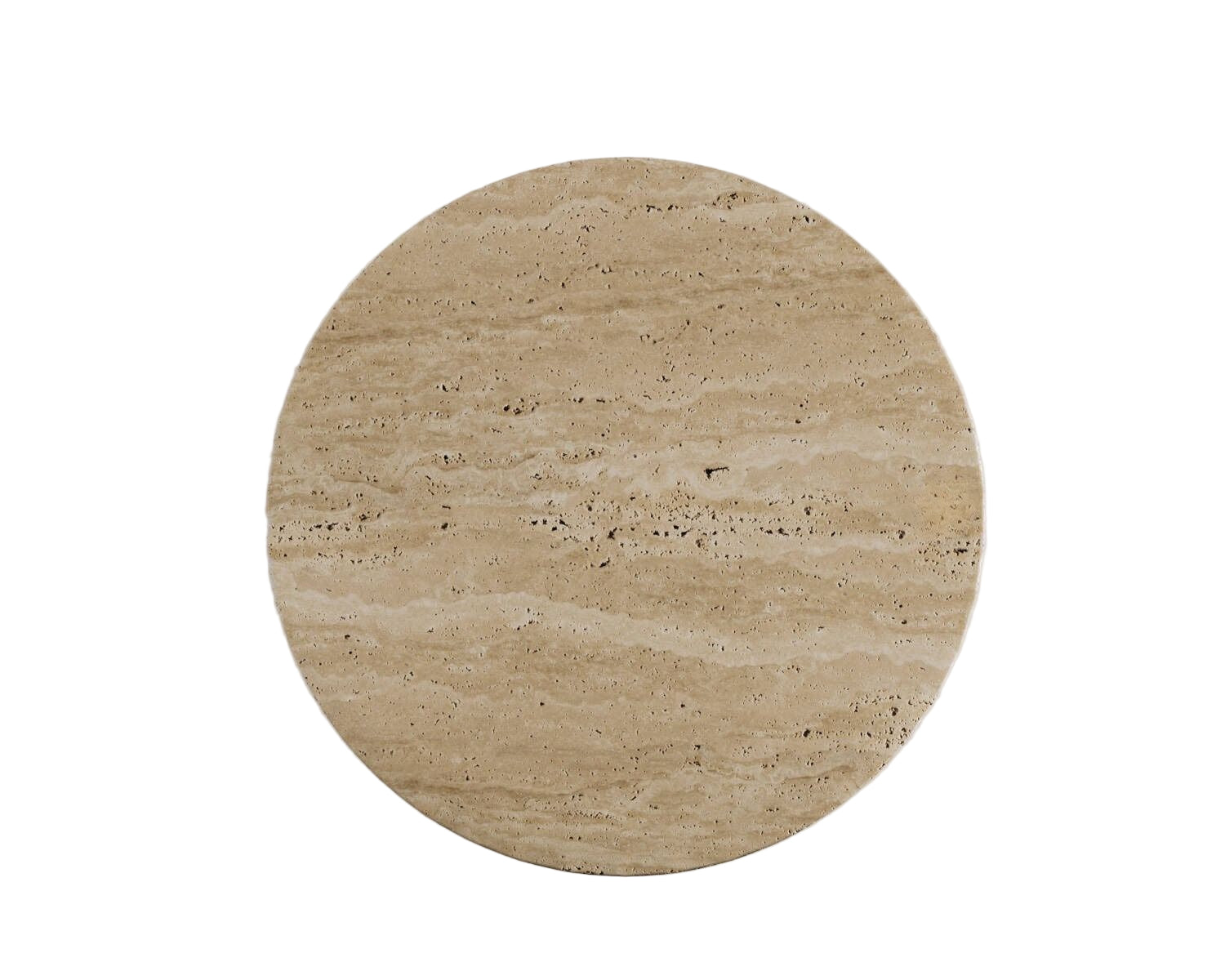 Top-down view of Luzione's round travertine coffee table showcasing natural stone patterns and minimalist design Ideal centerpiece for modern living spaces