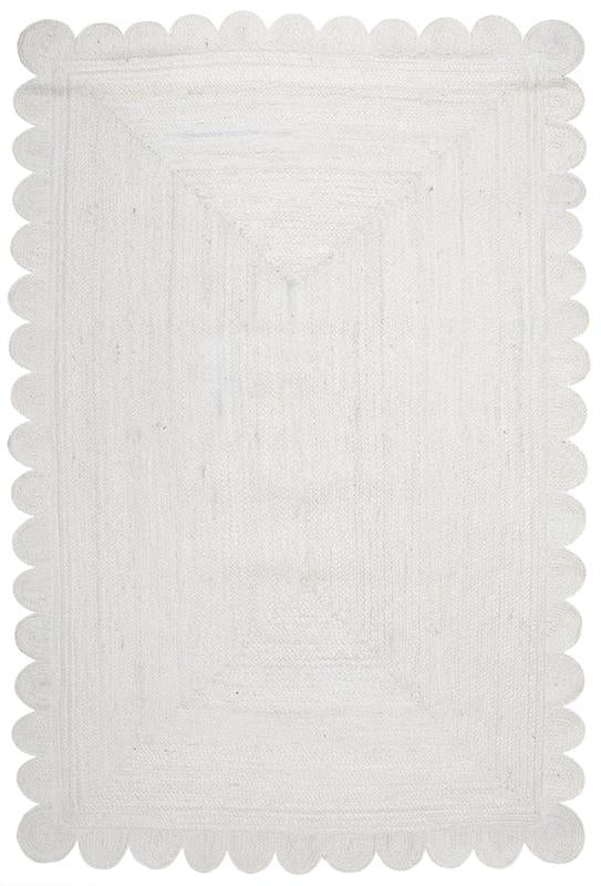 Overhead view white woven jute rug with scalloped border
