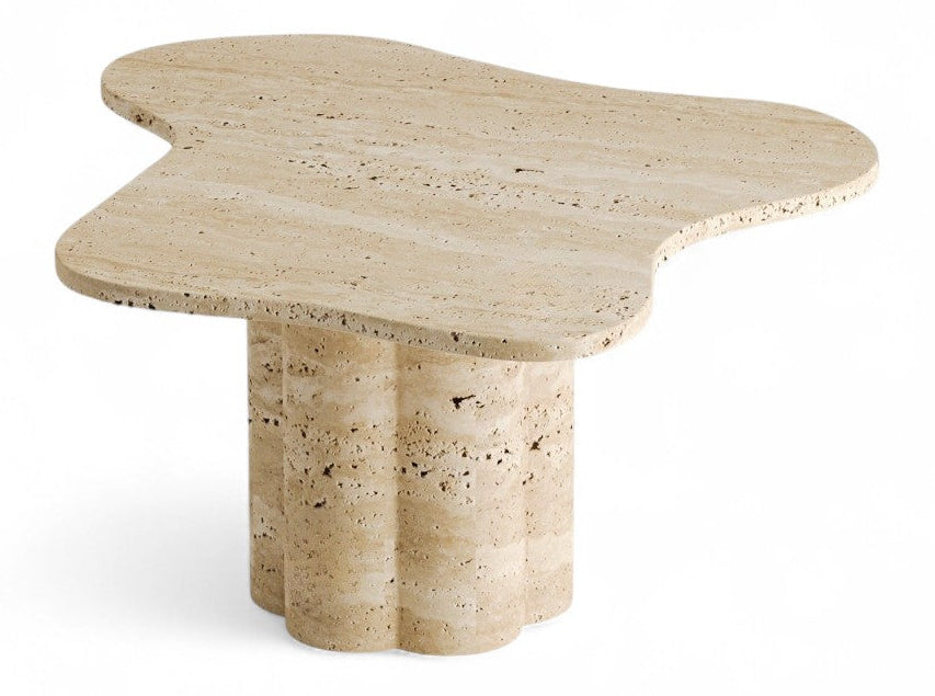 Travertine coffee table with organic shaped top and fluted base