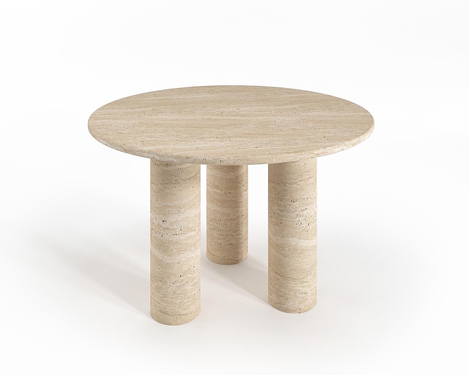 Travertine round table with three cylindrical legs on white background