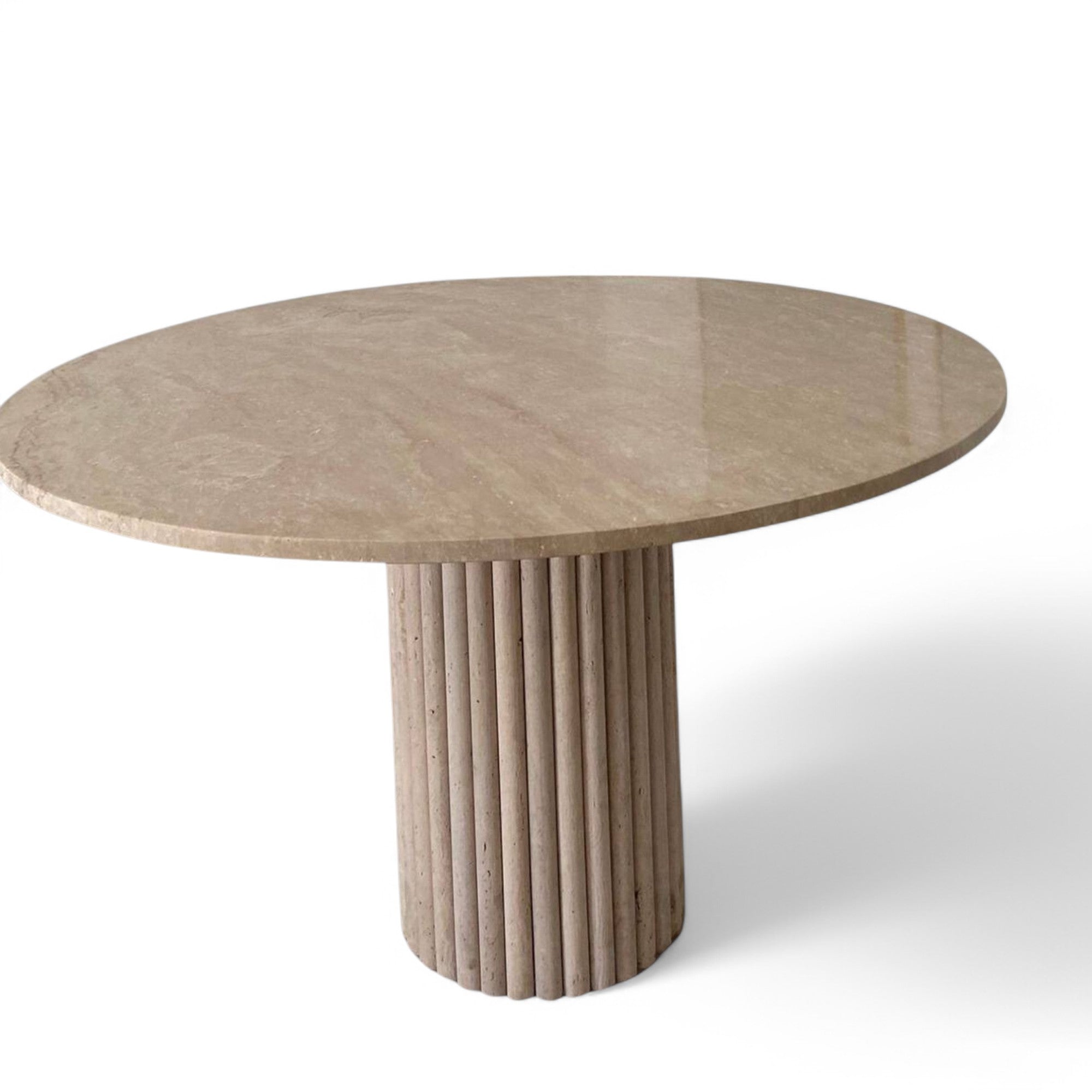 Oval travertine table with cylindrical slatted base on white background