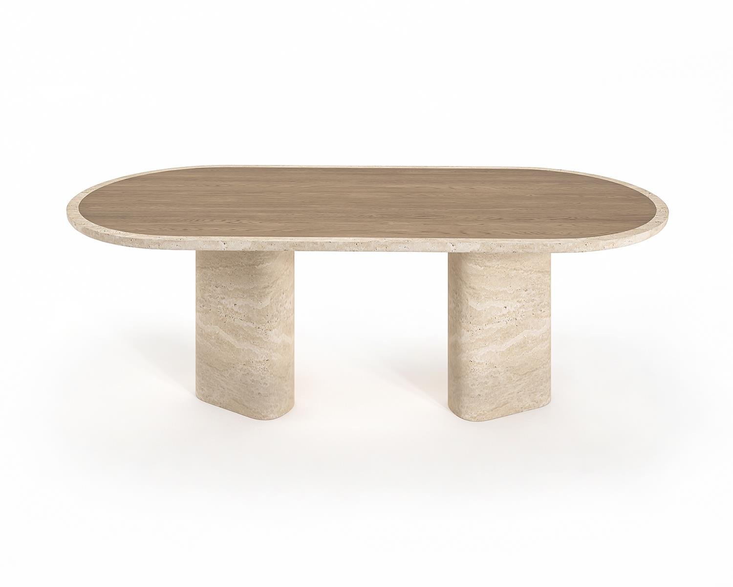 View of oval dining table with wood top and travertine base, modern furniture, travertine dining table, wood top table, oval dining table.