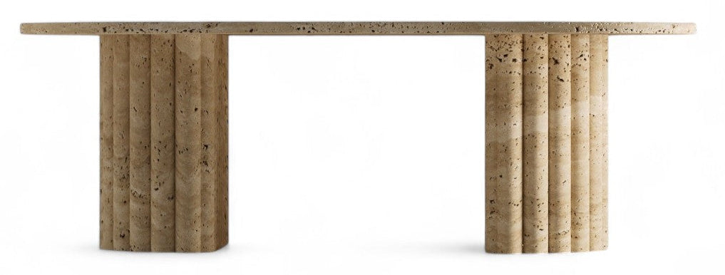 Travertine console table with fluted cylindrical legs on white background
