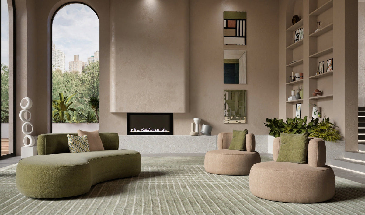 Modern living room view, green curved sofa, two round chairs, fireplace, arched window, city view, abstract art.