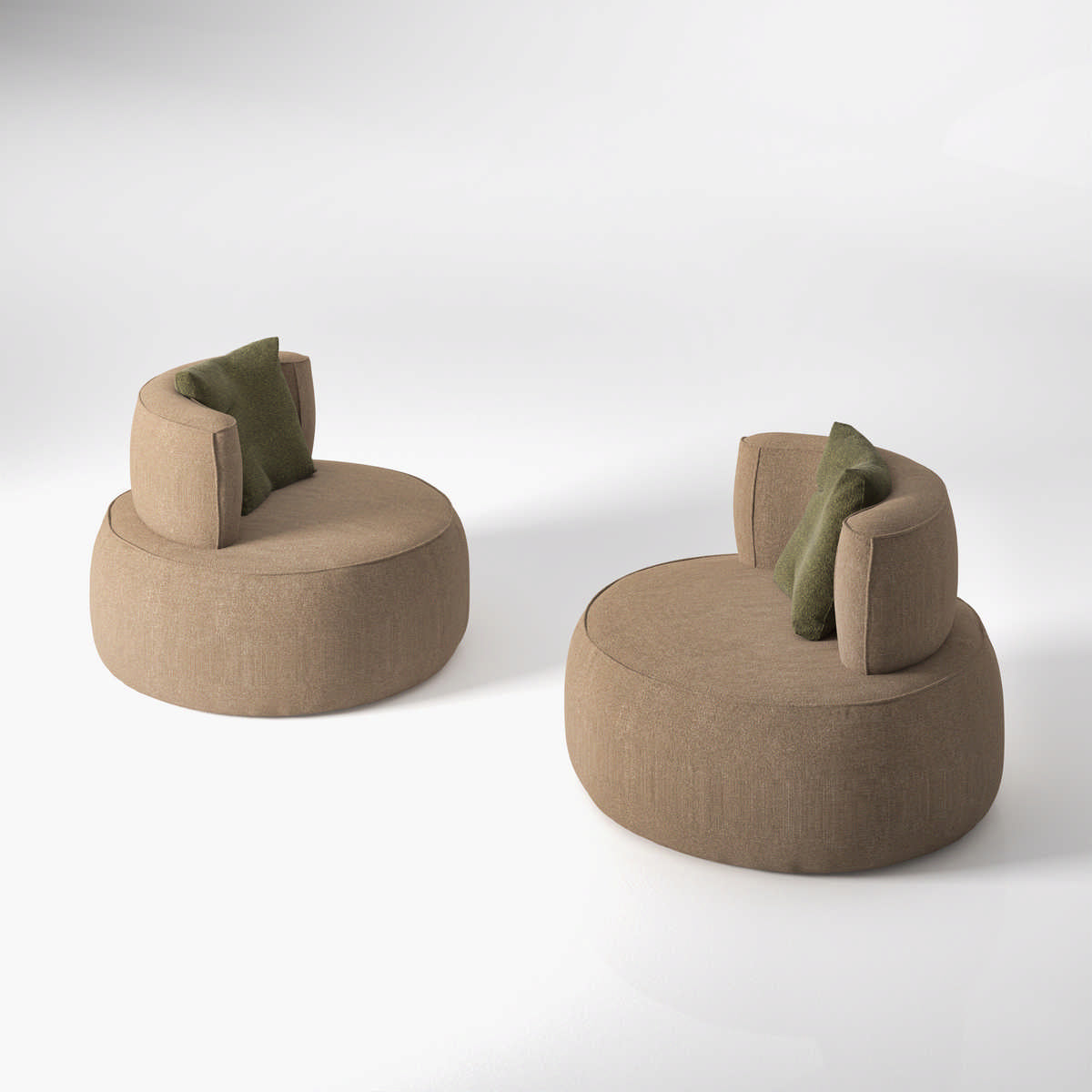 Two round fabric armchairs with green pillows on white background