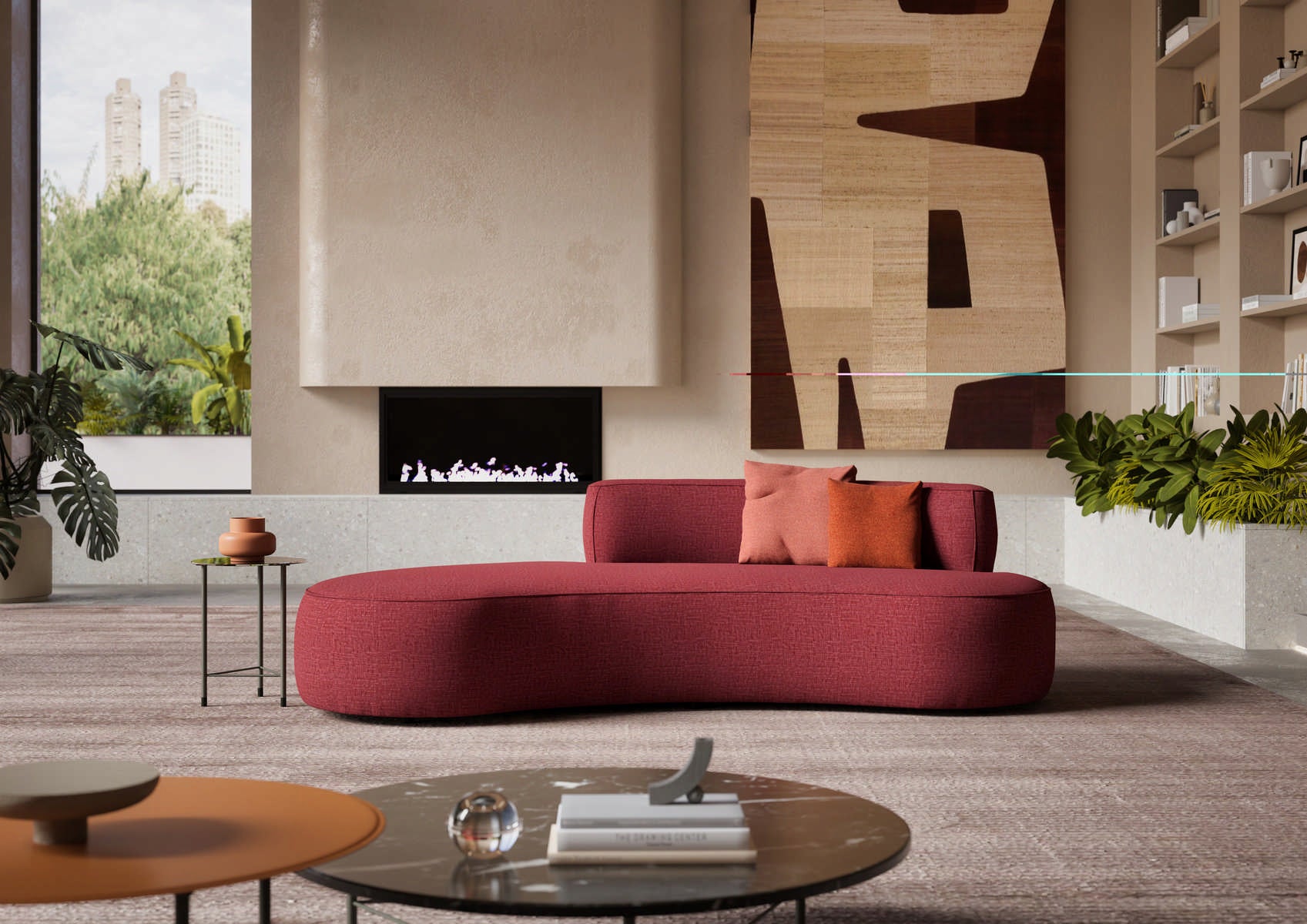 Modern living room with a red sofa, coffee table, and decorative elements.
