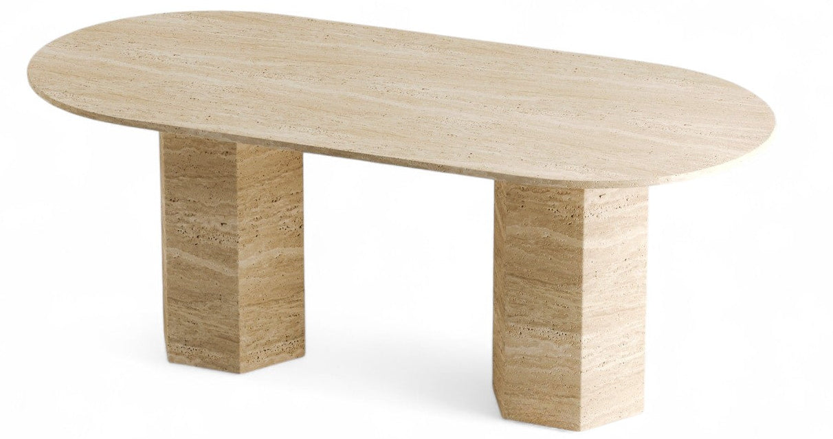Oval travertine table with two rectangular bases on white background
