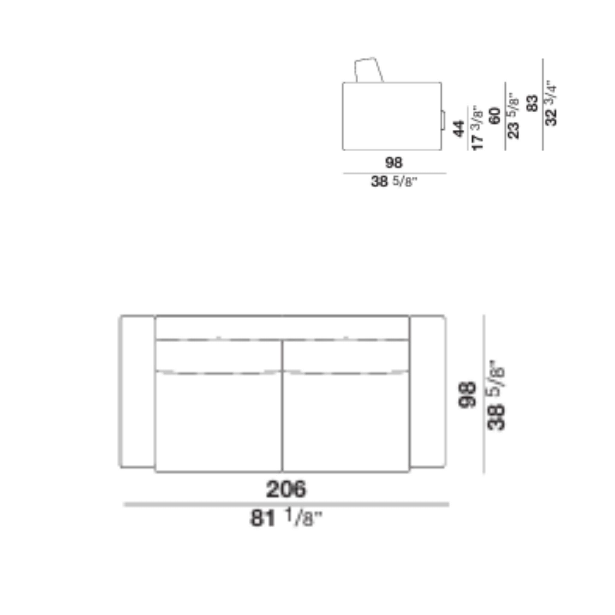 Sofa furniture dimension drawing with measurements in inches and centimeters