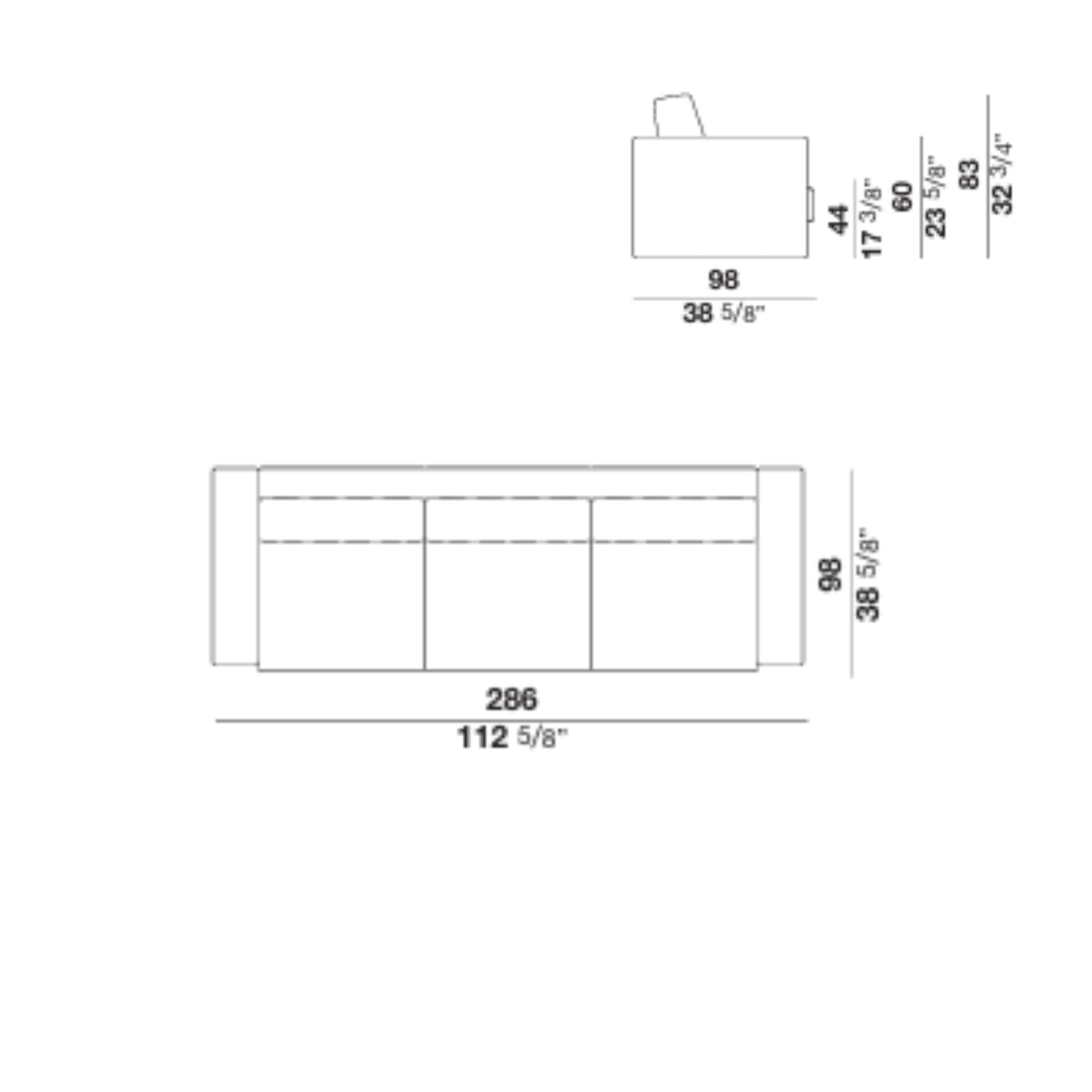 Sofa dimension drawing with measurements in inches and centimeters