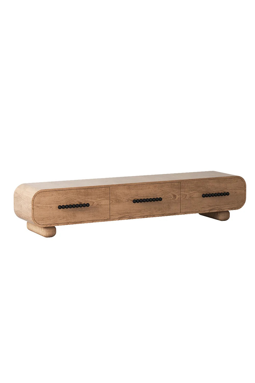 View of a wooden three drawer media console with rounded ends and black handles, furniture, wood console, media storage, living room furniture.