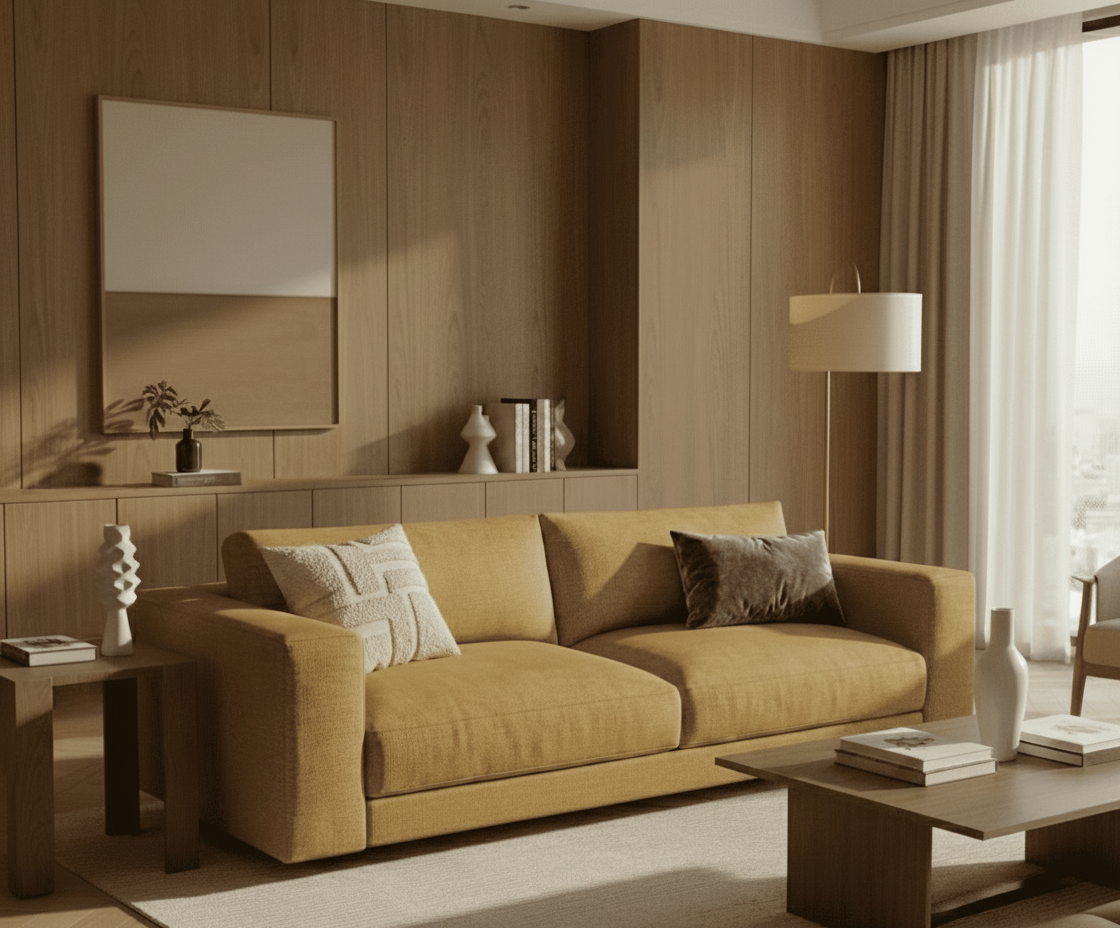 Modern living room with a mustard yellow sofa, wooden coffee table, and decorative items.